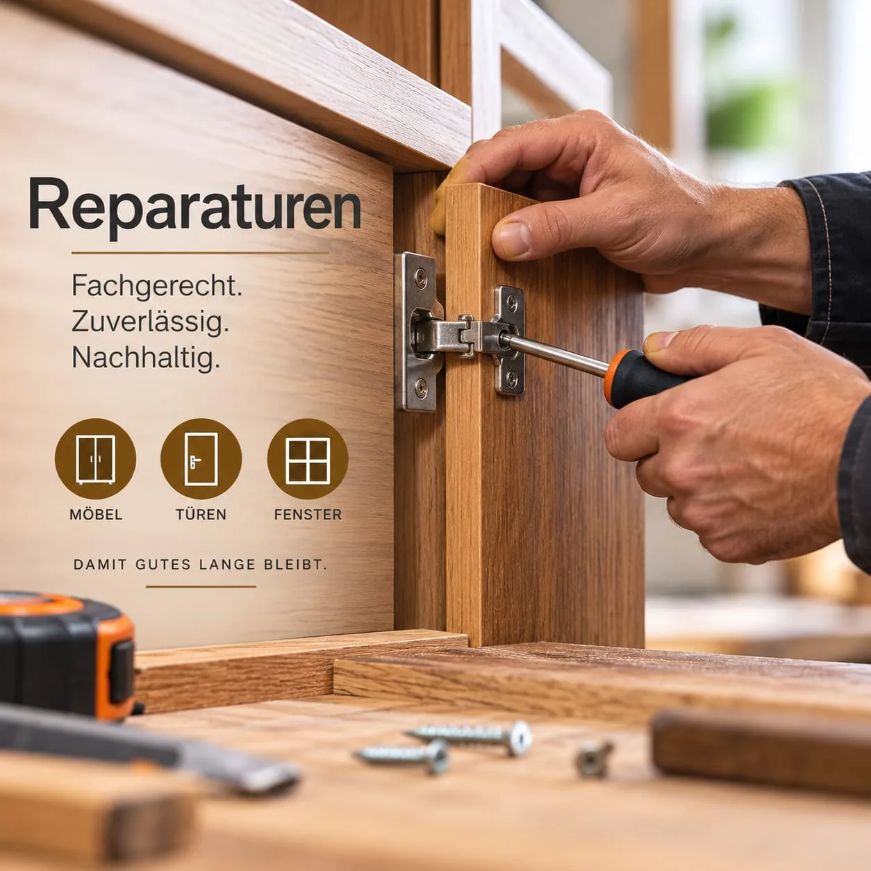 Symbolbild Reparaturen: eine Hand richtet ein Scharnier an einer Möbeltür nach — Möbel, Türen, Fenster