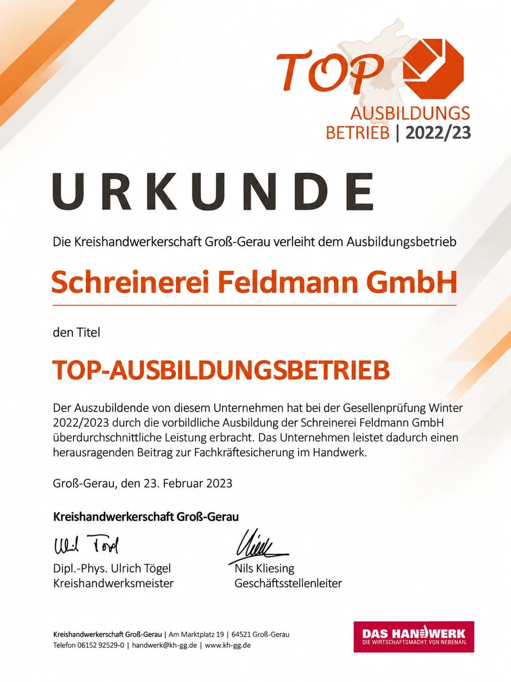 Urkunde der Kreishandwerkerschaft Groß-Gerau: Schreinerei Feldmann GmbH, TOP-Ausbildungsbetrieb 2022/23